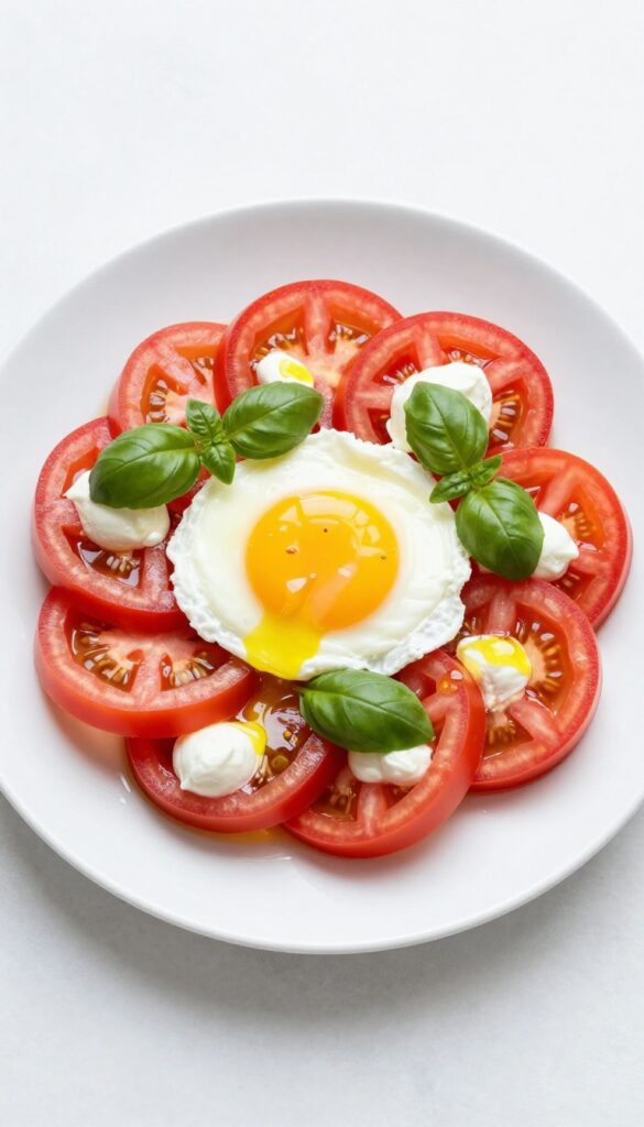 Poached egg on tomato and basil salad with mozzarella pearls