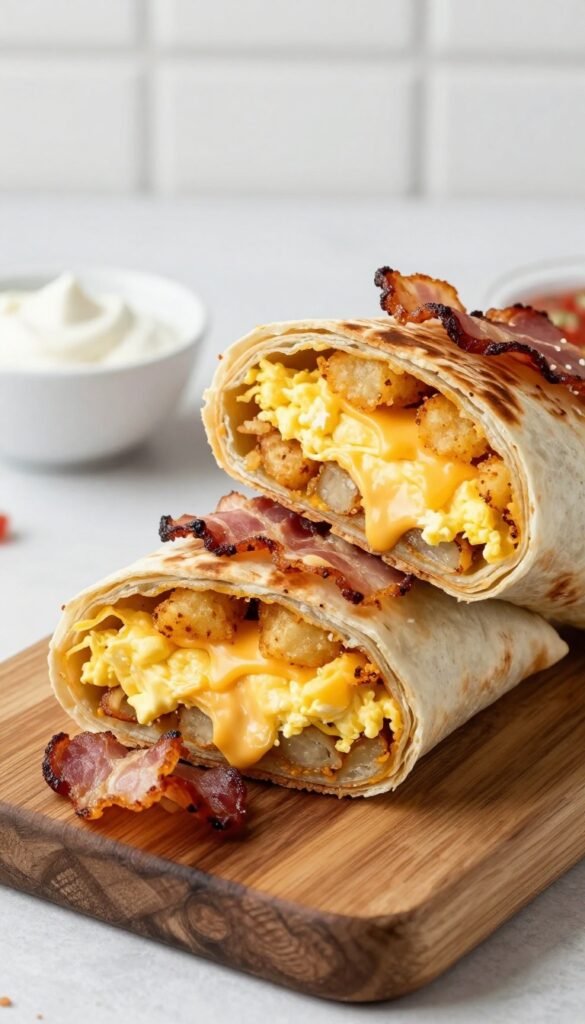 Bacon-wrapped breakfast burrito cut in half showing eggs, cheese, and hash browns, with salsa and sour cream on the side