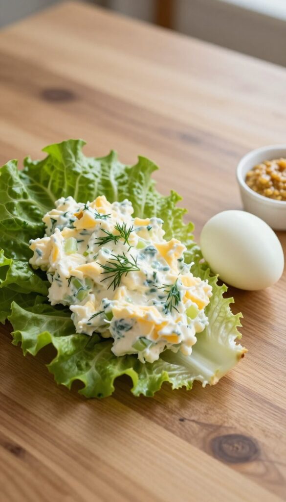 Hard-boiled egg salad lettuce wrap on a wooden table with a halved egg and mustard