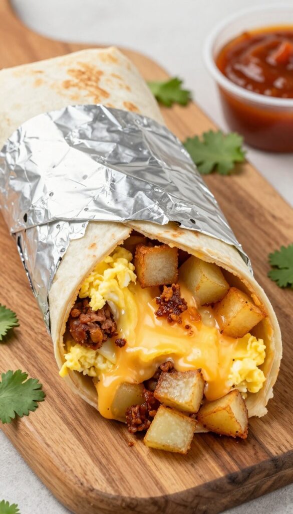 Cut breakfast burrito with eggs, chorizo, potatoes, and cheese