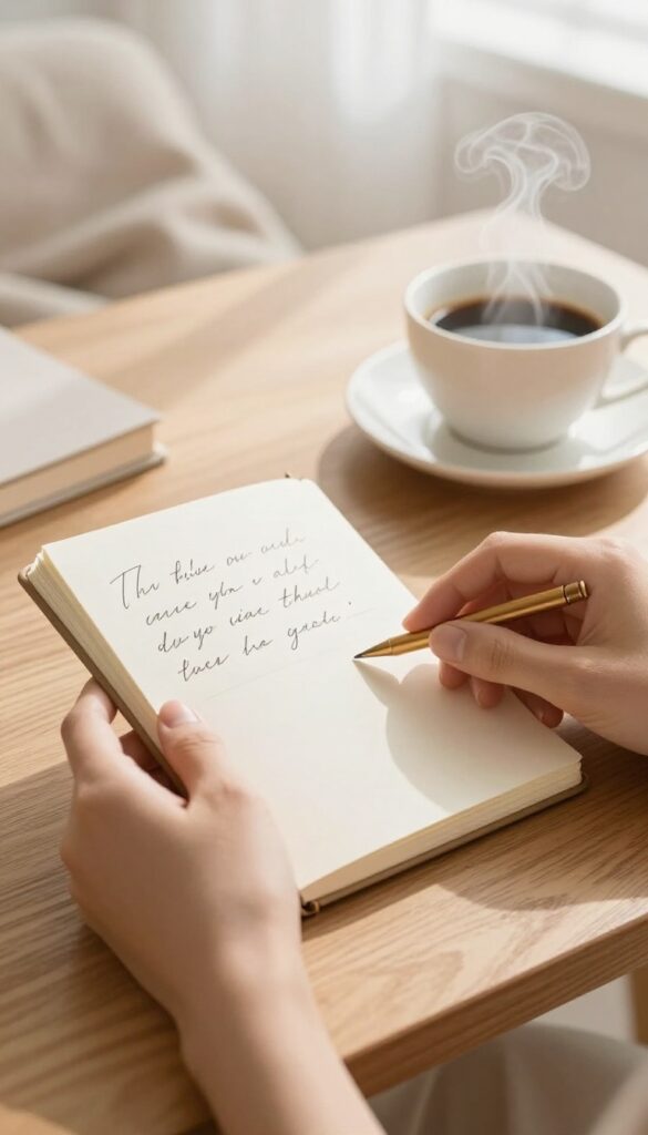 Hands writing in a gratitude journal with a cup of coffee and soft blanket