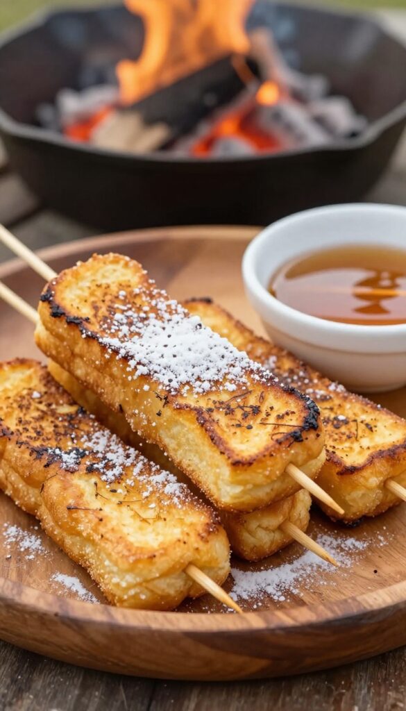 Campfire French toast sticks on a wooden plate with powdered sugar and maple syrup, skewered on sticks, with a campfire in the background.