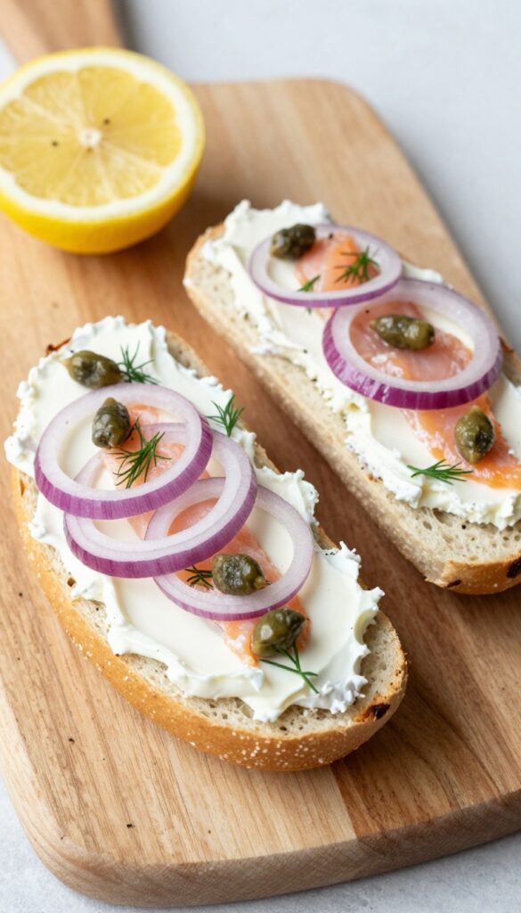 Toasted everything bagel with cream cheese, smoked salmon, capers, red onion, and dill on a wooden board