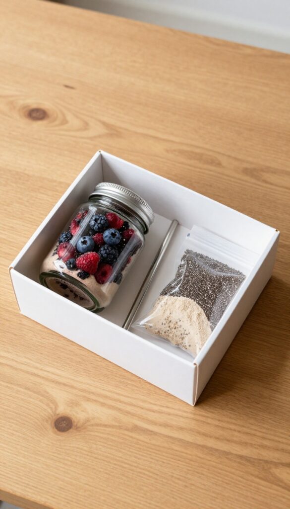 Breakfast gift box with freeze-dried berries, protein powder, and reusable straw for a berry smoothie pack.