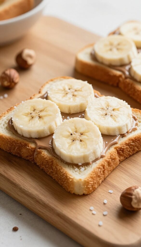 Nutella and banana toast with sea salt on a wooden board