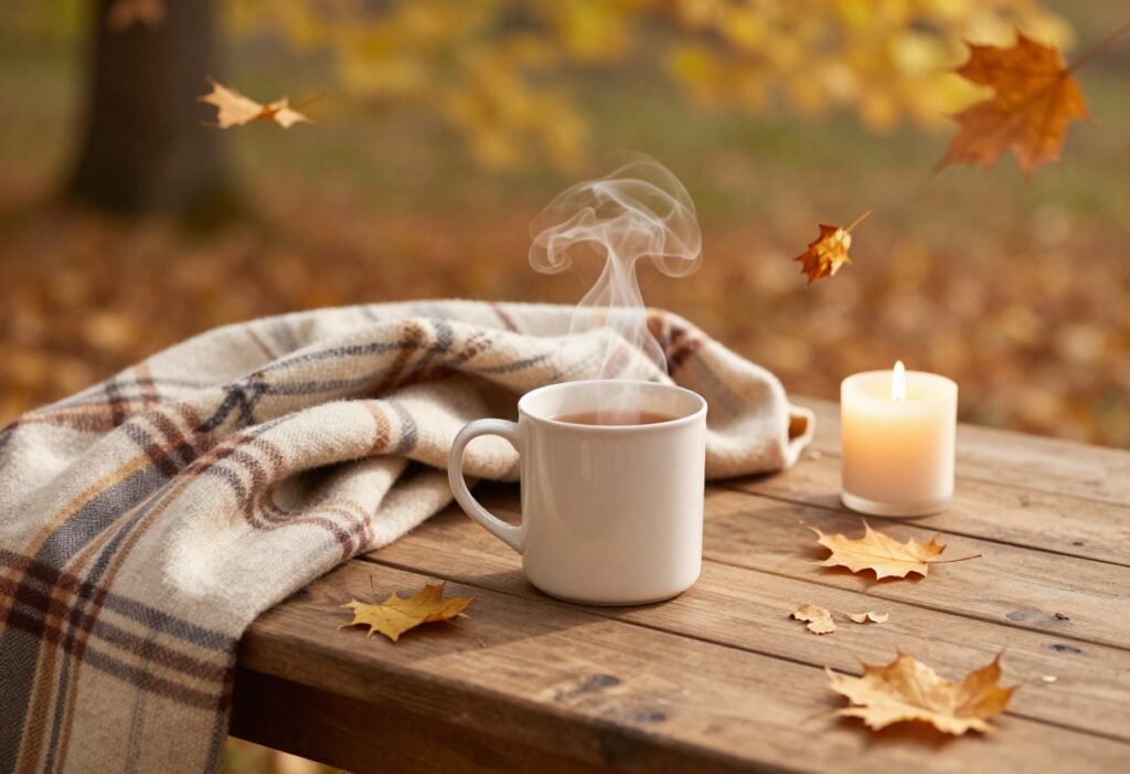 Cozy fall self-care setup with tea, blanket, leaves, and candle