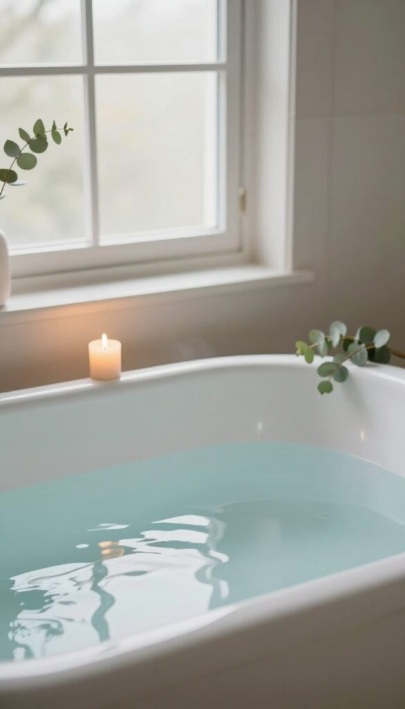 A warm, candlelit bathroom with a steaming clawfoot bathtub, eucalyptus branches, and soft natural light.