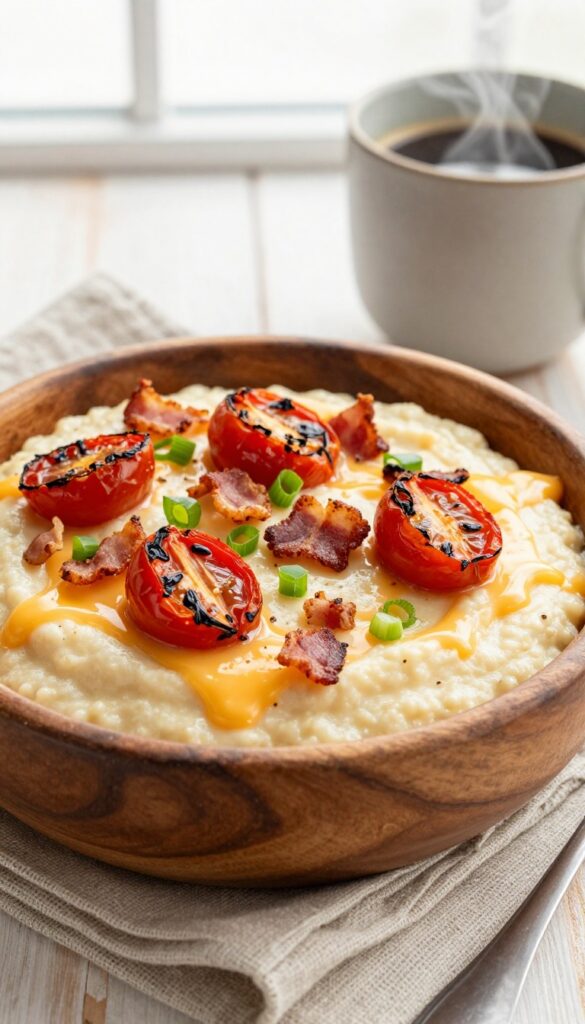 A bowl of creamy cheesy grits topped with roasted cherry tomatoes and crispy bacon crumbles, garnished with green onions, on a rustic wooden table with morning light.
