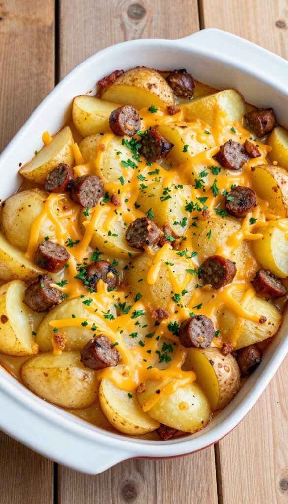 Creamy potato and sausage casserole with melted cheese and parsley garnish