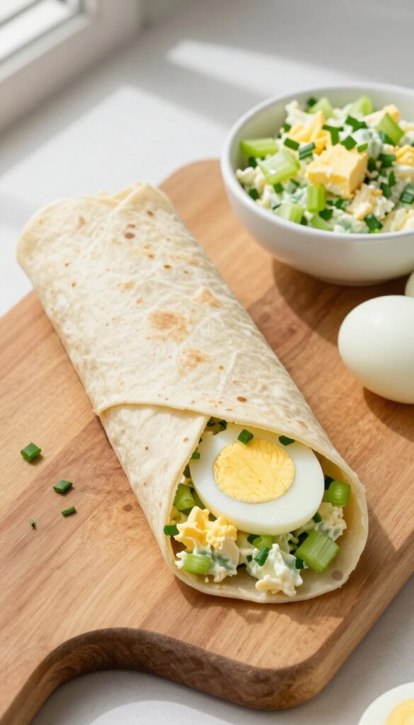 Classic Egg Salad Wrap cut in half, showing creamy filling with egg, celery, and chives, on a wooden board with extra egg salad and whole hard boiled eggs.
