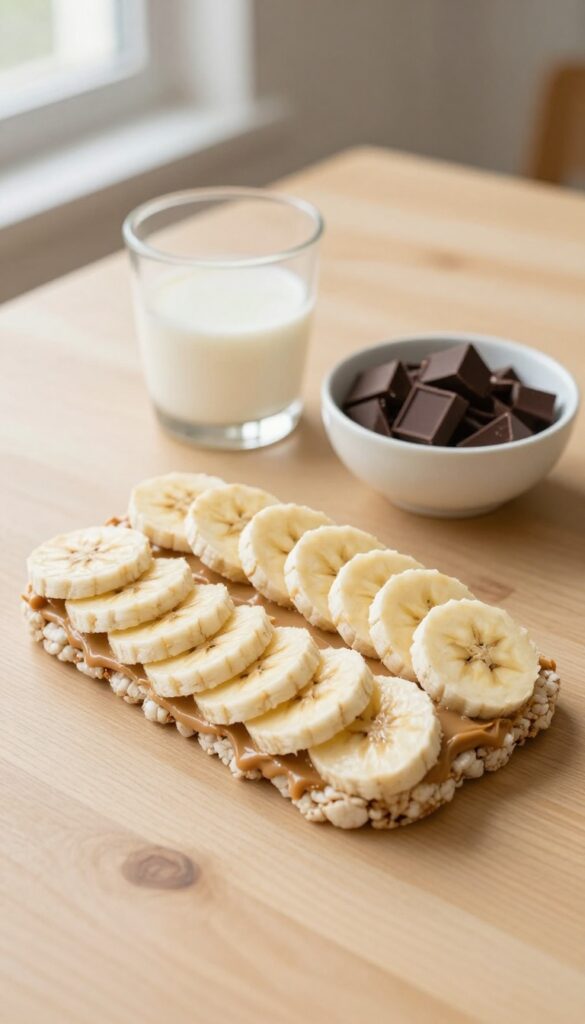 Gluten-free snack of rice cake with peanut butter and banana slices, and dark chocolate pieces on a wooden table.