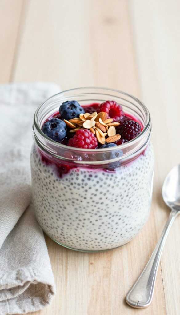 Overnight chia pudding with berry compote in a glass bowl on a wooden table
