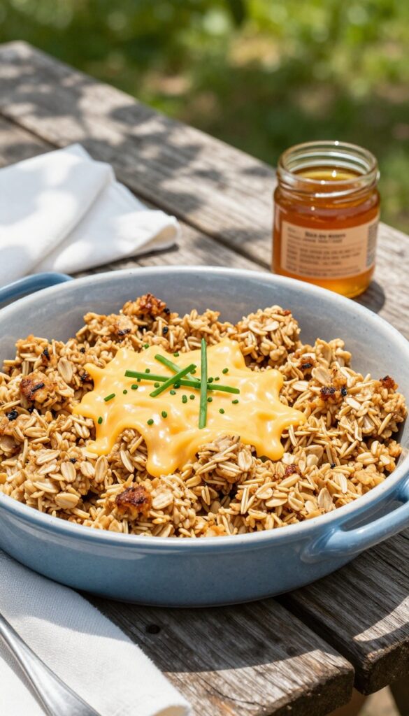 Savory oatmeal cups with cheddar and chives on a wooden picnic table in sunny park.