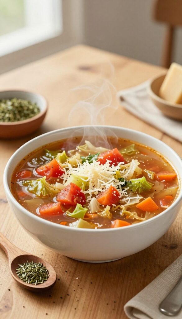Bowl of cabbage soup with Italian seasoning on a wooden table