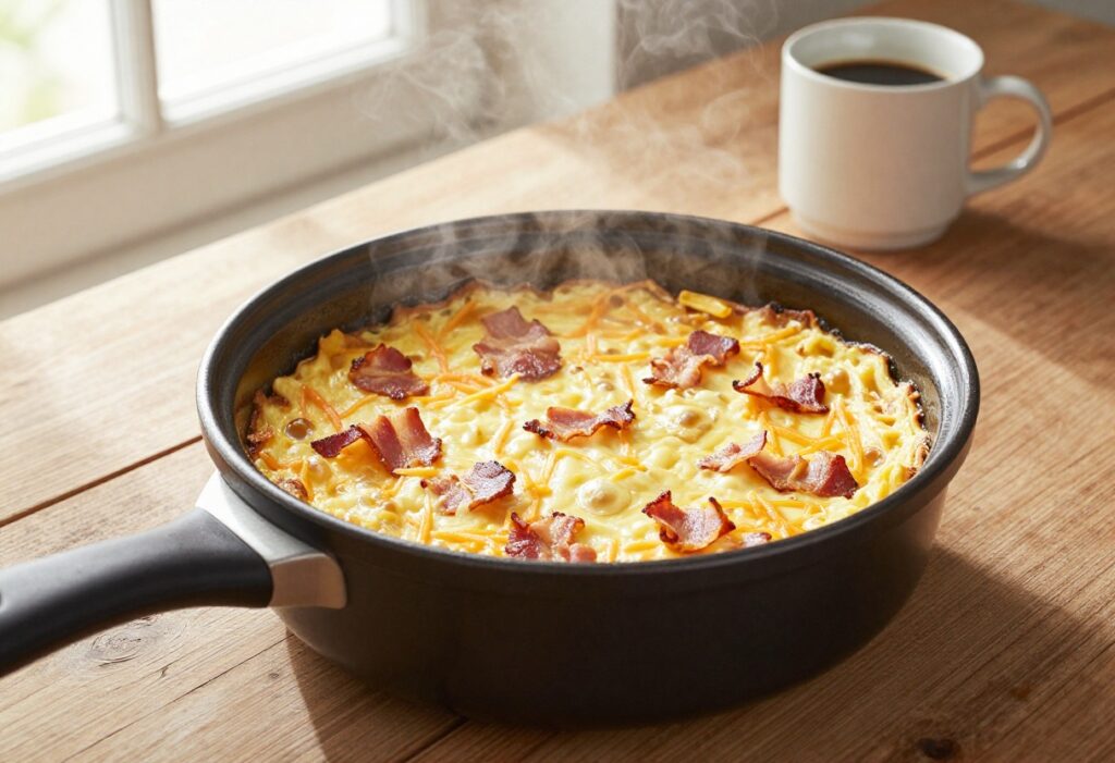 Crockpot breakfast casserole with bacon and cheese, steam rising, on a wooden table with coffee.