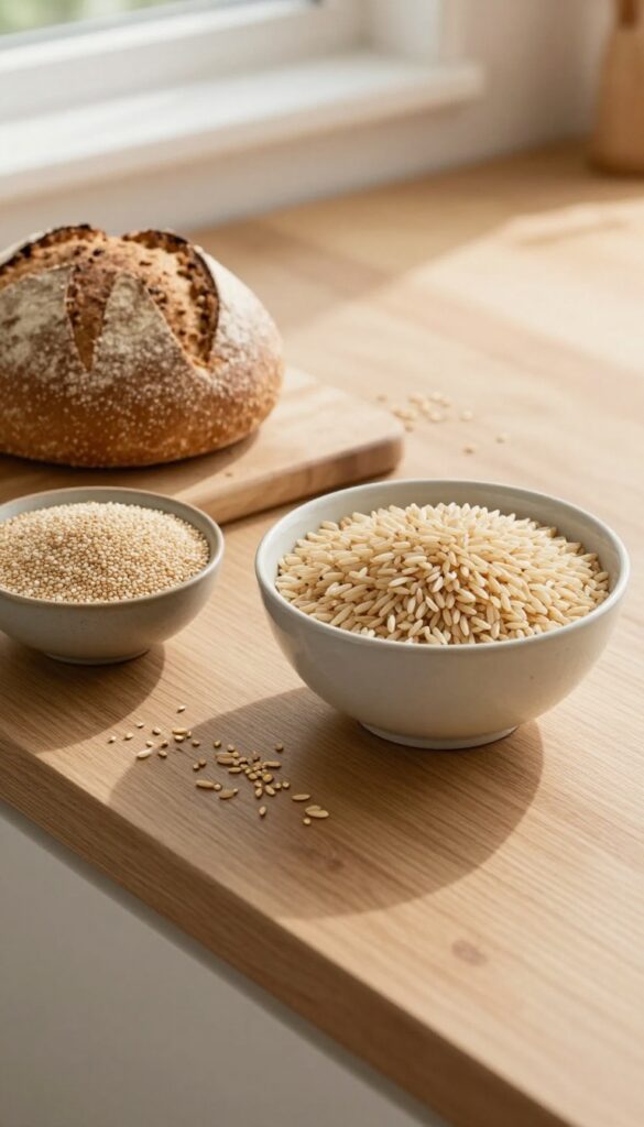 Whole grains including brown rice, quinoa, whole-wheat bread, and oats on a wooden counter
