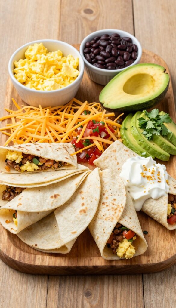 Loaded breakfast burrito platter with tortillas, eggs, black beans, cheese, salsa, avocado, sour cream, and cilantro
