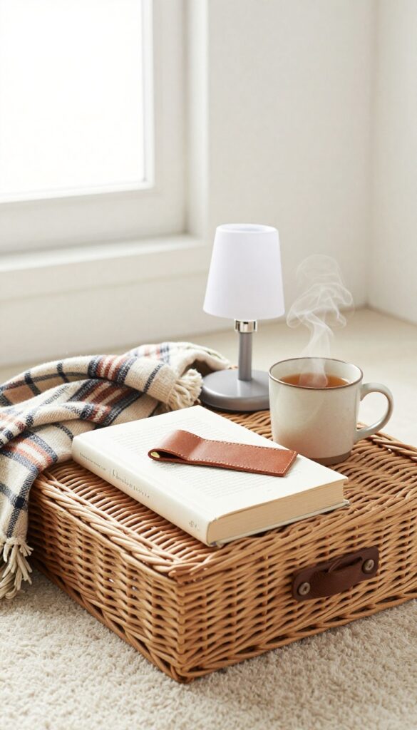 Self-care bookworm basket with book, bookmark, reading light, blanket, and tea