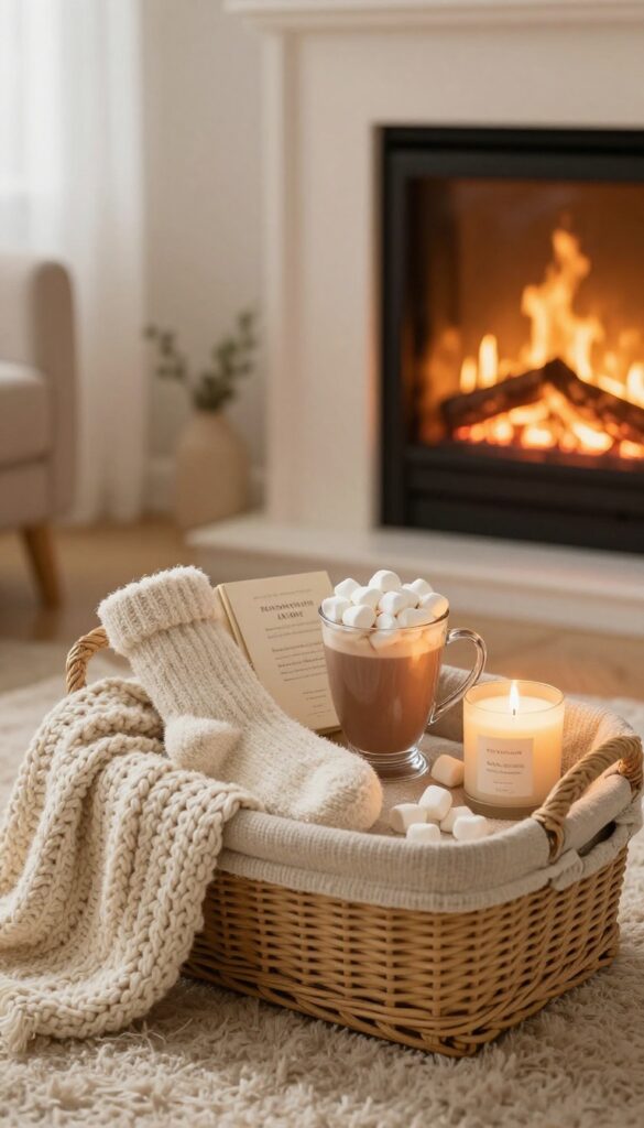 Cozy night in self-care basket with blanket, socks, book, hot cocoa, and candle