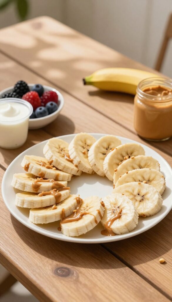 Peanut butter and banana roll-up pinwheels on a plate with berries and yogurt on a picnic table in dappled sunlight