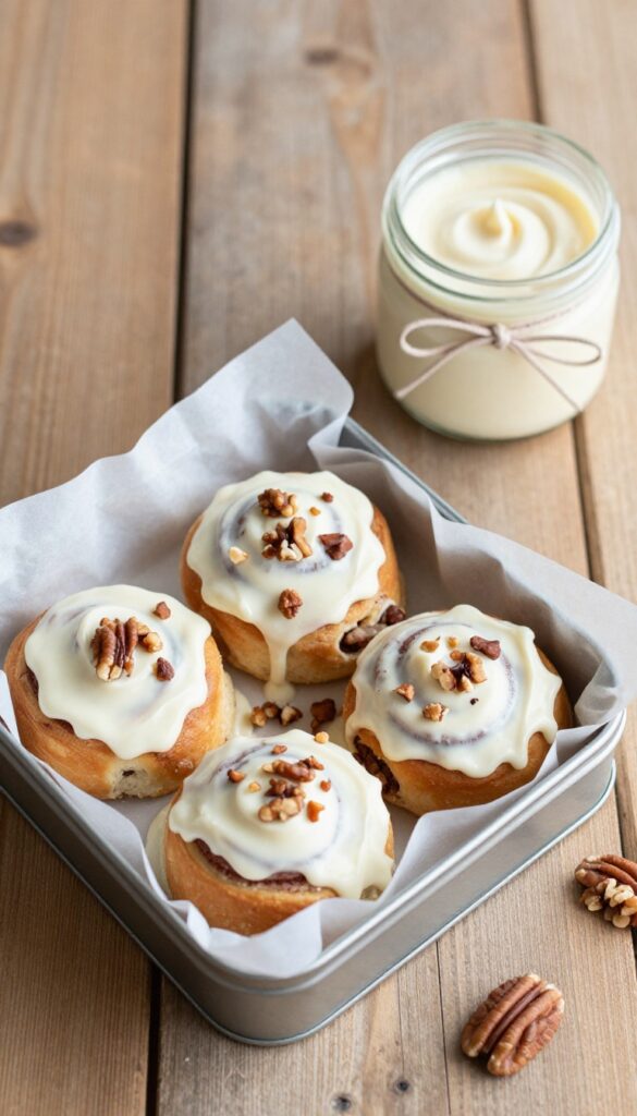 Cinnamon rolls baked in a decorative tin with cream cheese frosting and pecans