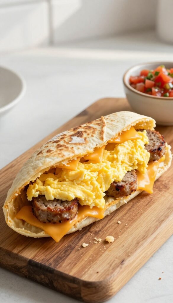 Breakfast burrito cut in half with scrambled eggs, sausage, and cheese