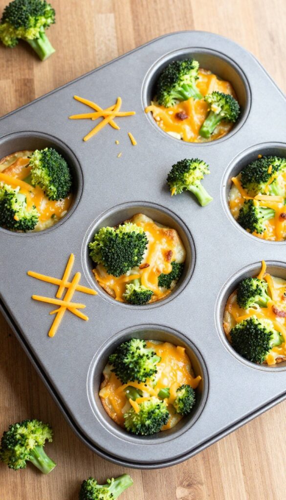 Mini frittatas with broccoli and cheddar in a muffin tin