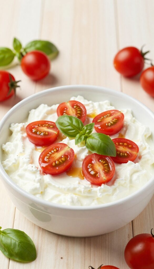 Cottage cheese bowl with cherry tomatoes, basil, and balsamic glaze