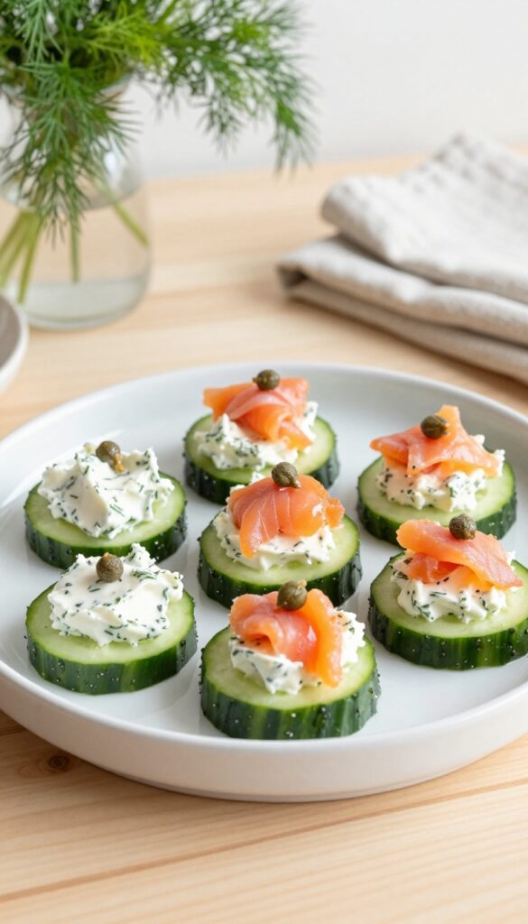 Smoked salmon and cream cheese cucumber rounds on a platter, breakfast bar setup.