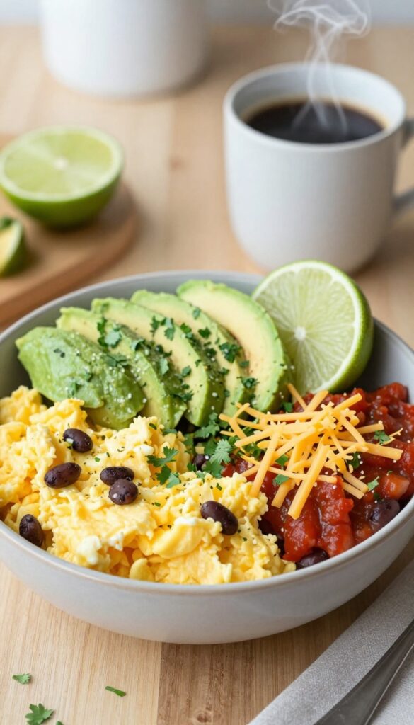 Hearty breakfast burrito bowl with eggs, black beans, avocado, salsa, and cheese