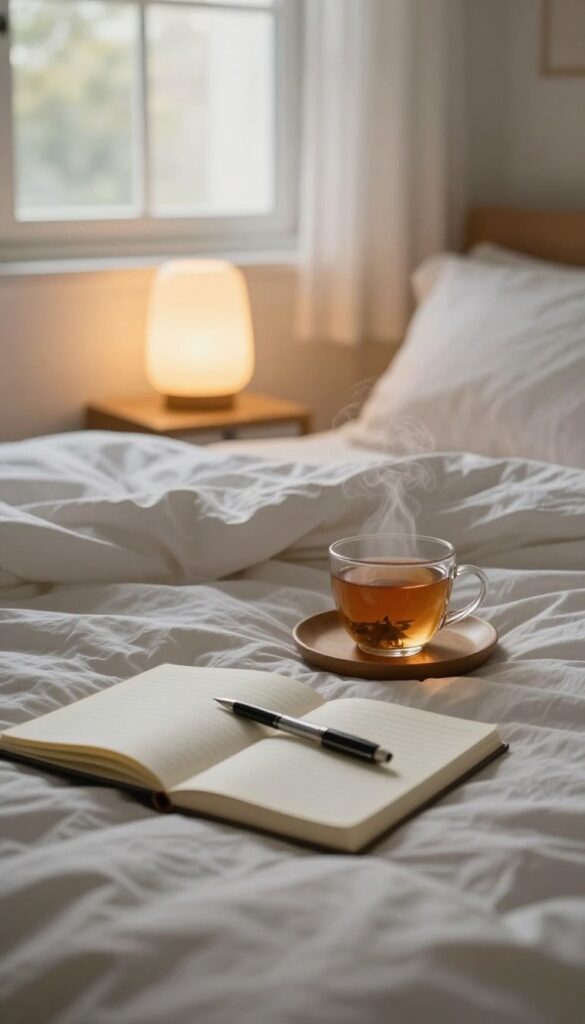 A peaceful bedroom scene with a notebook and tea on a nightstand, representing a gratitude moment before sleep.