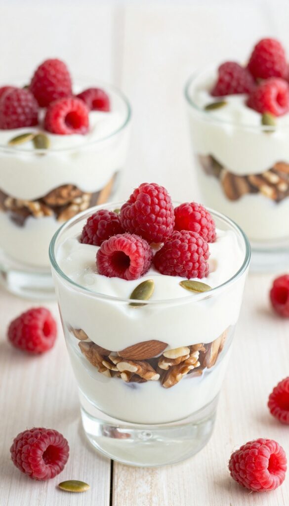 Greek yogurt parfait with nuts, seeds, and raspberries in a glass