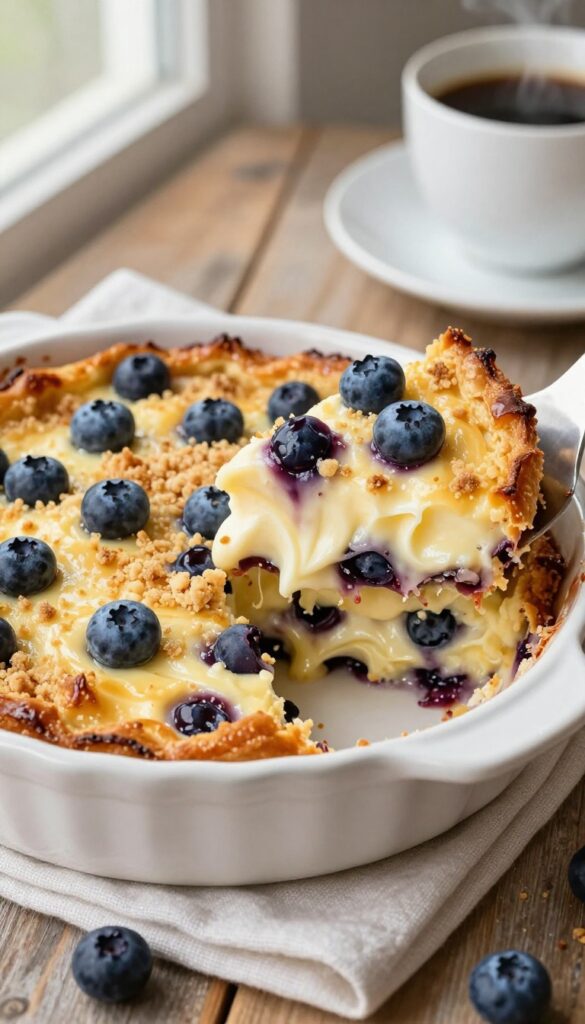 Blueberry cream cheese French toast casserole with streusel topping, served in a white dish on a wooden table with coffee