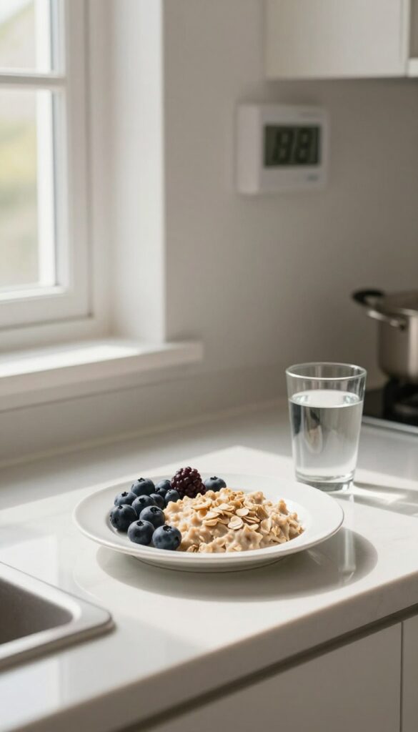 A breakfast setup on a kitchen counter at 7am, with oatmeal, berries, and water, representing the start of a 12:12 fasting eating window.