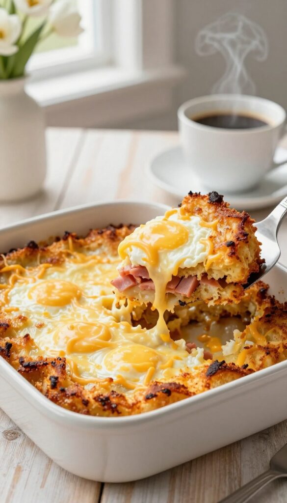 Hash brown breakfast casserole with melted cheese and crispy edges