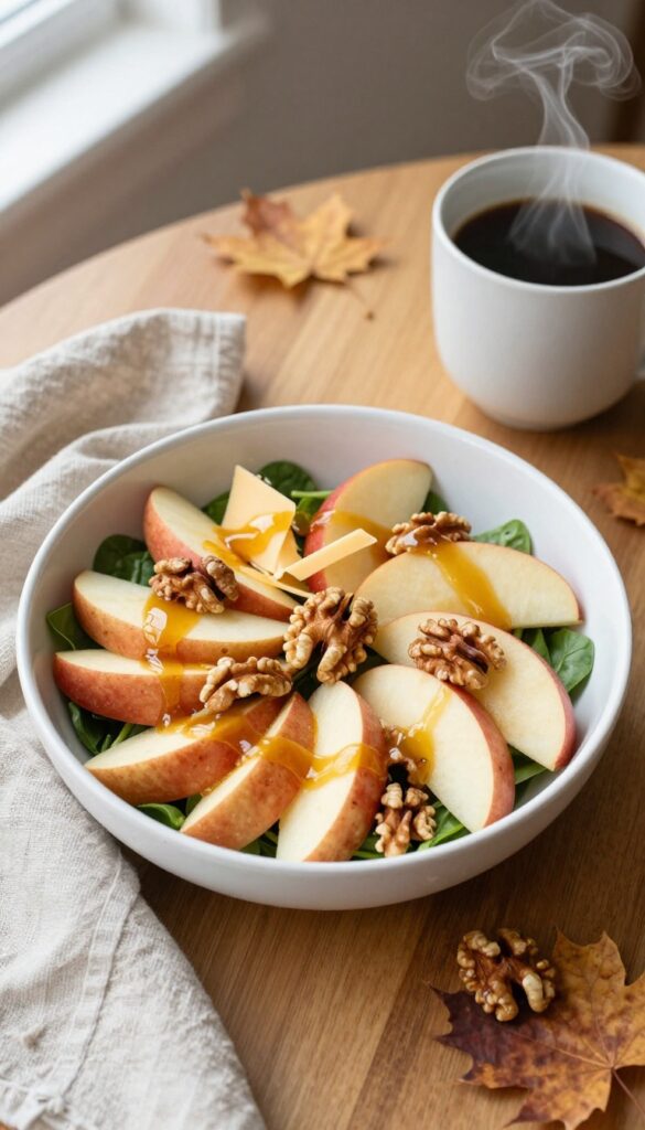 A bowl of apple, cheddar, and walnut breakfast salad with honey-mustard dressing on a wooden table, next to a coffee mug and autumn leaves.