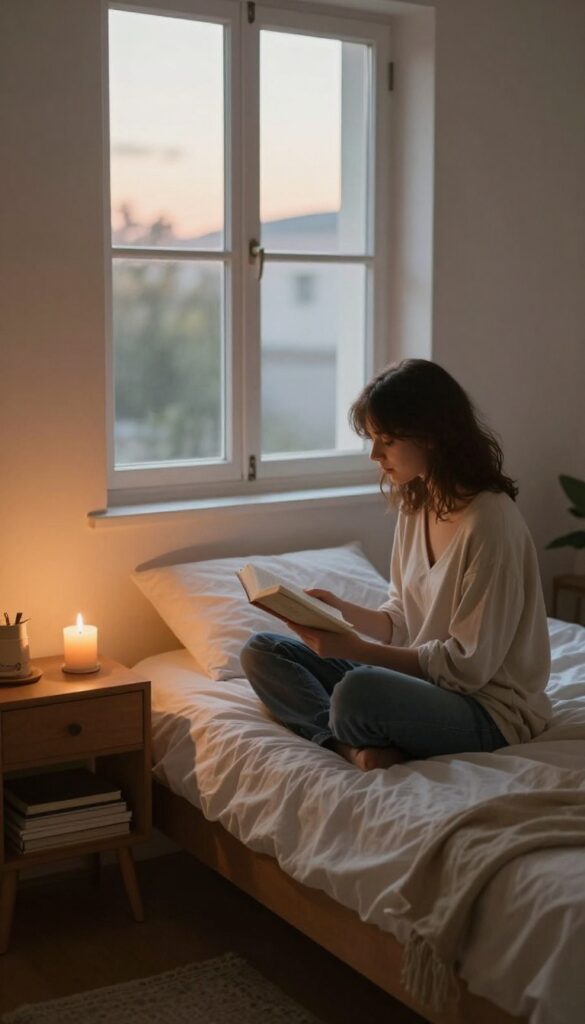 Person reading a book by candlelight in a cozy bedroom at dusk, no screens present