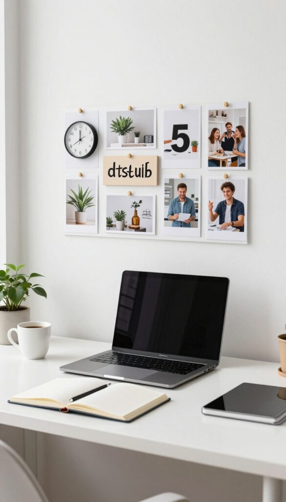 Career vision board on wall above desk with images of work-life balance, boundaries, and supportive team