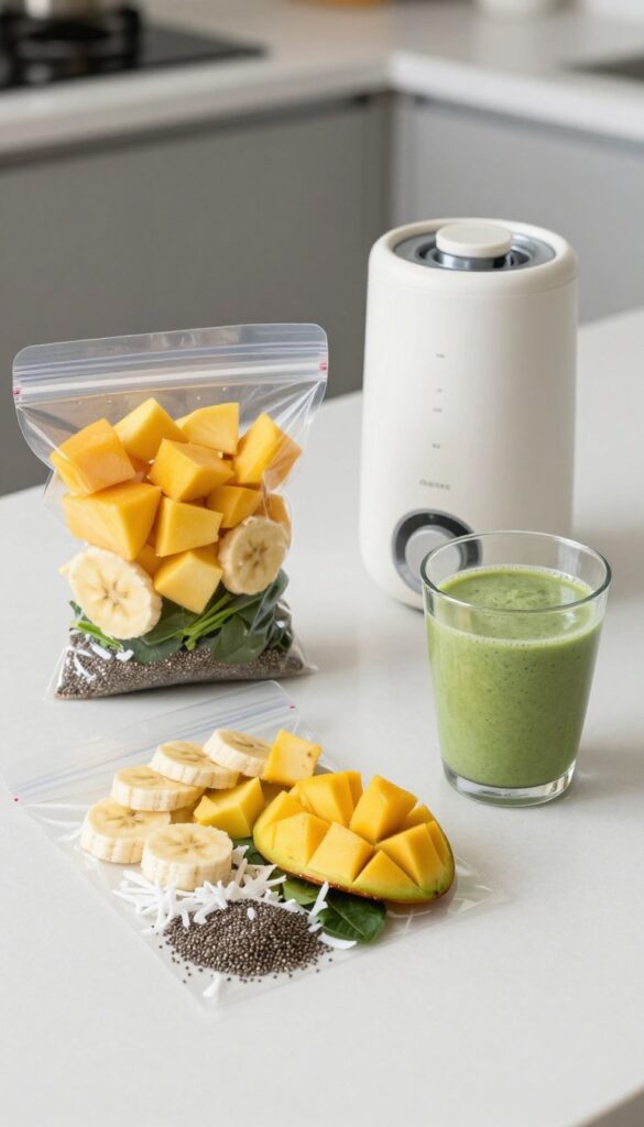 Pre-portioned tropical smoothie ingredients in a bag with a blender and finished smoothie