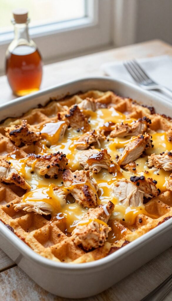 Chicken and waffle breakfast casserole with cheese and maple syrup