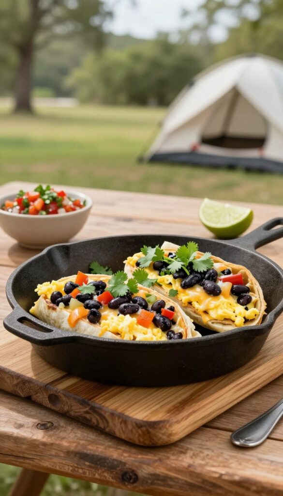 Halved breakfast burrito on a cast iron skillet outdoors with salsa and lime, campsite background.