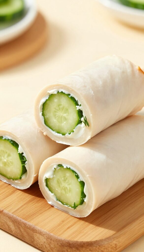 Smoked turkey and cheese roll-ups with cucumber and cream cheese, garnished with dill, on a wooden board.