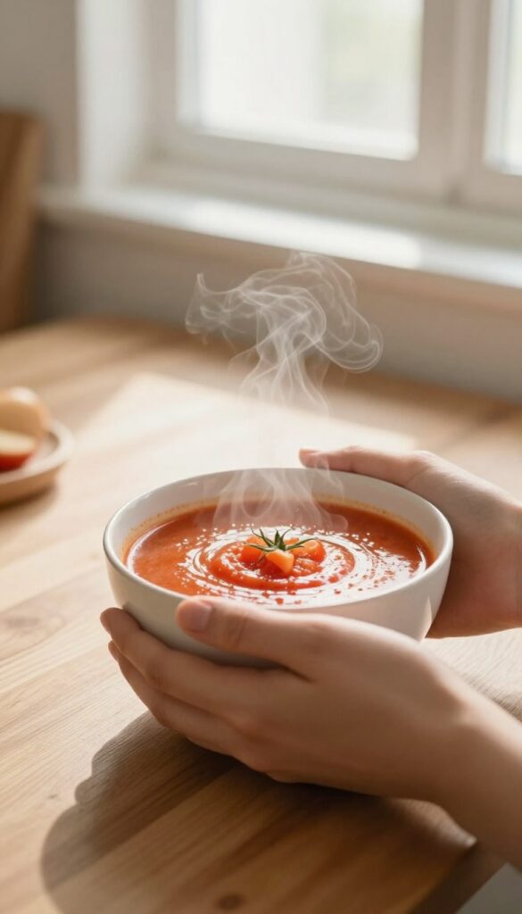 Hands holding a warm bowl of soup on a wooden table, cozy kitchen background, soft natural light.