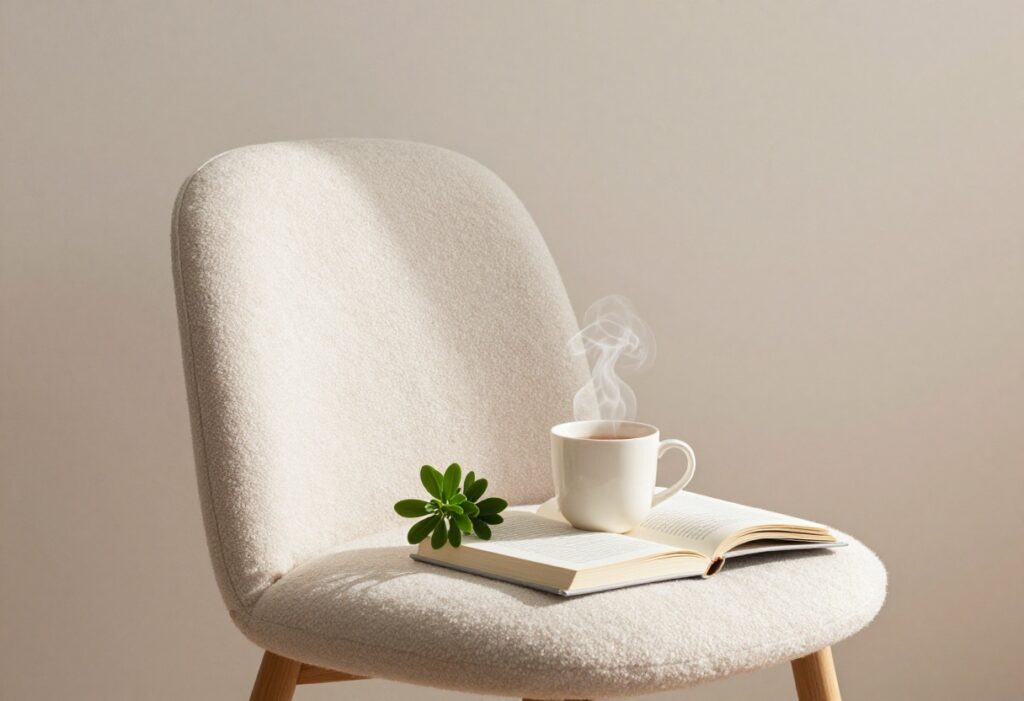 Cozy self-care corner with tea, book, and plant in soft morning light