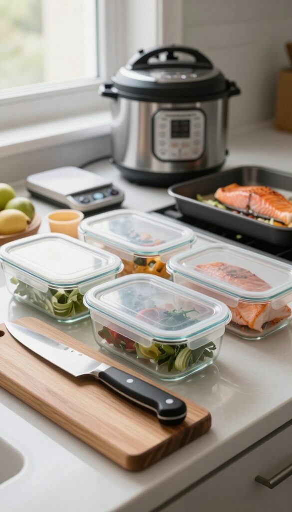 Kitchen countertop with glass meal prep containers, chef's knife, cutting board, kitchen scale, silicone cup, Instant Pot, and sheet pan with roasted salmon