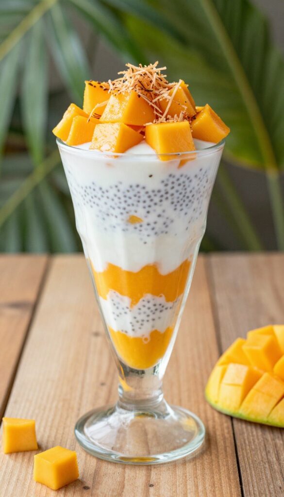 Coconut mango chia parfait in a glass with layers of yogurt, chia pudding, and mango puree, topped with mango cubes and shredded coconut.