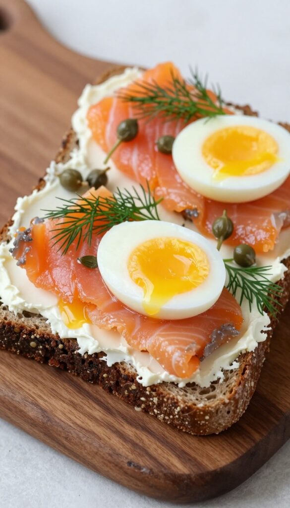 Open-faced rye sandwich with cream cheese, smoked salmon, and a poached egg, garnished with dill and capers.