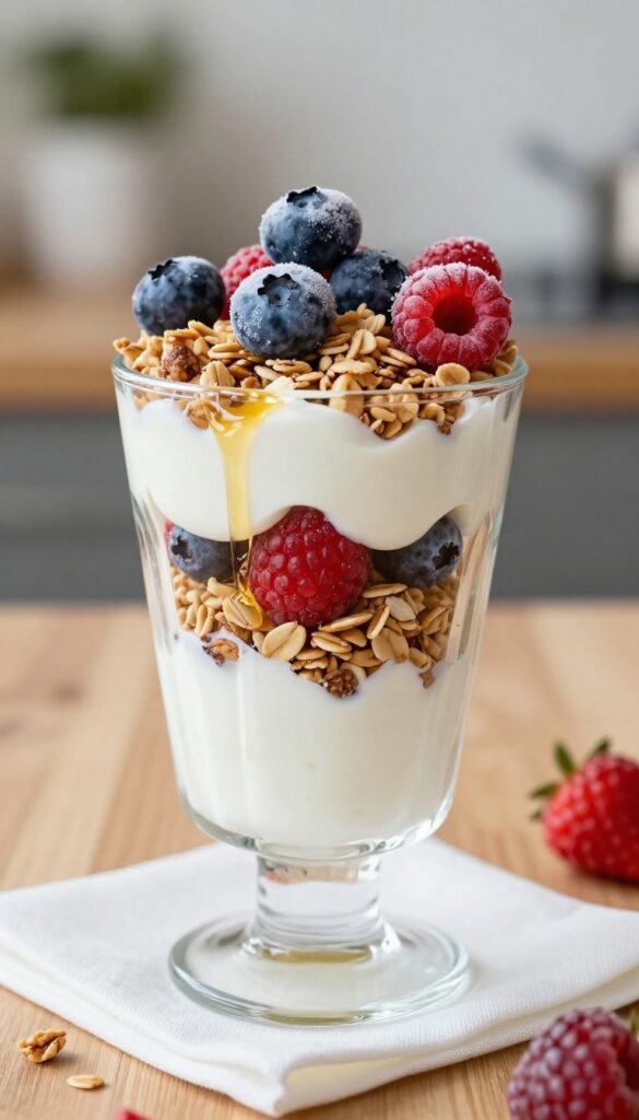Berry yogurt parfait with granola in a glass, layered with Greek yogurt, frozen berries, and crunchy granola, drizzled with honey, on a wooden table in natural light.