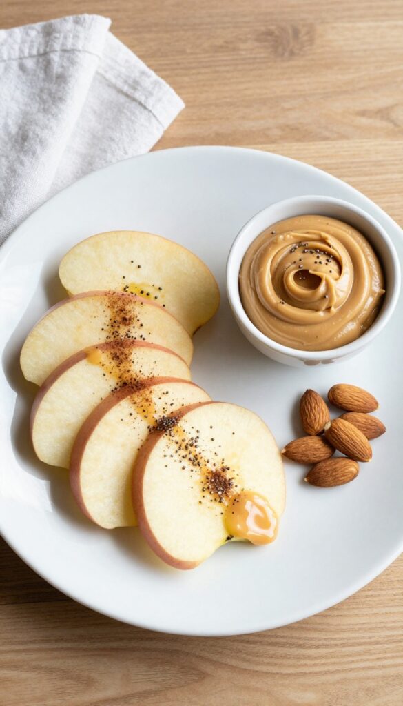 Apple slices with almond butter and chia seeds on a white plate, overhead view, natural lighting.