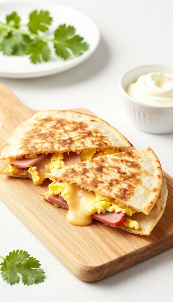 A breakfast quesadilla filled with ham, scrambled eggs, and melted cheese, served with salsa and sour cream on a wooden board.